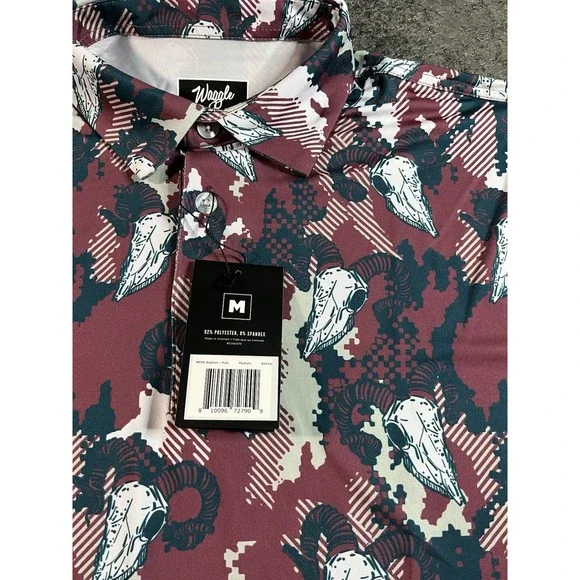 Waggle Golf Polo Shirt Mens Medium Performance Stretch Big Horn Print AOP - NWT - Picture 3 of 8